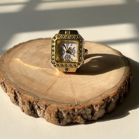 Handmade Stainless Steel 18K Gold Studded Ring Watch